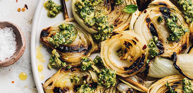 Tasty Grilled Onions with Pesto from Twin Eagles Partner Heartbeet Kitchen